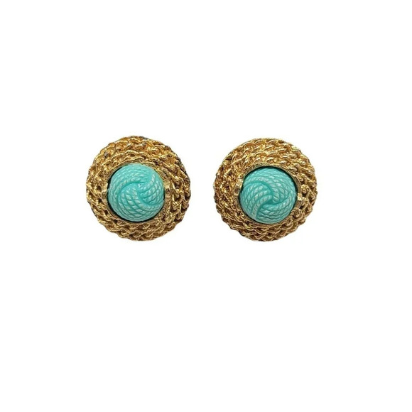 TRIFARI Turquoise Knot Rope Twist Vintage Earrings Gold Tone Acrylic 1950s - Picture 1 of 4